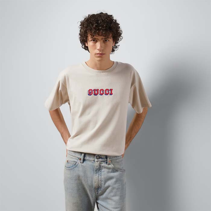 Gucci Men GG T-Shirt Gucci Print Crewneck Short Sleeves Oversize Fit