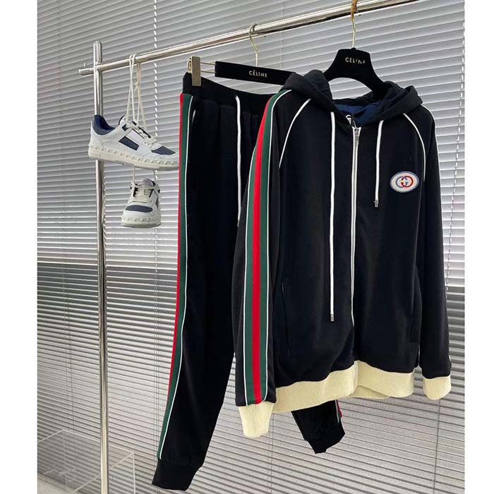Gucci Men GG Wool Jersey Jacket Web Interlocking G Front Pockets