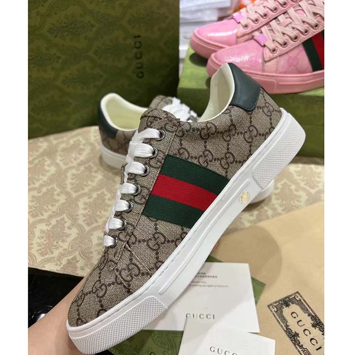 Gucci Unisex Ace Sneaker Web Beige GG Supreme Canvas Low Heel
