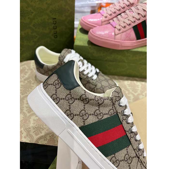 Gucci Unisex Ace Sneaker Web Beige GG Supreme Canvas Low Heel