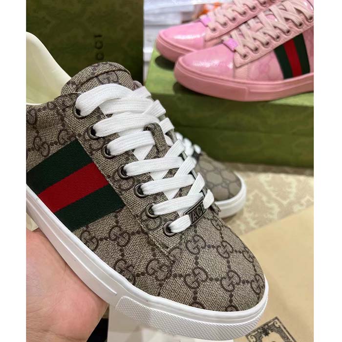 Gucci Unisex Ace Sneaker Web Beige GG Supreme Canvas Low Heel