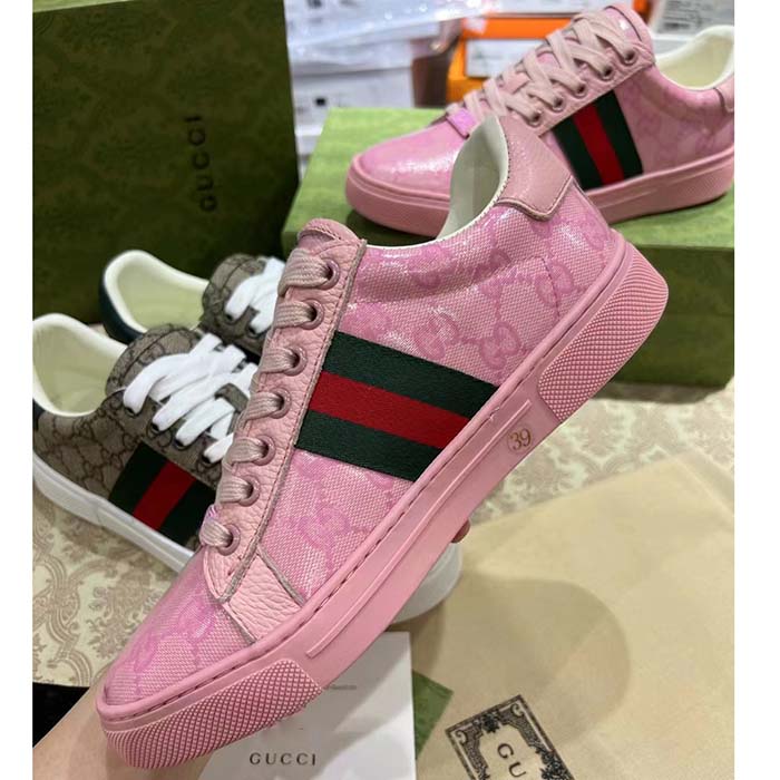 Gucci Unisex Ace Sneaker Web Pink GG Crystal Canvas Low Heel
