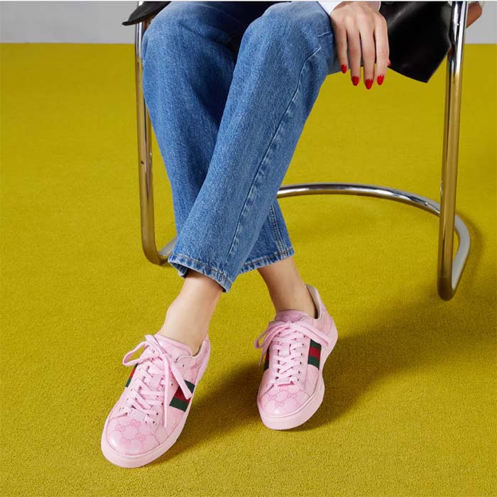 Gucci Unisex Ace Sneaker Web Pink GG Crystal Canvas Low Heel