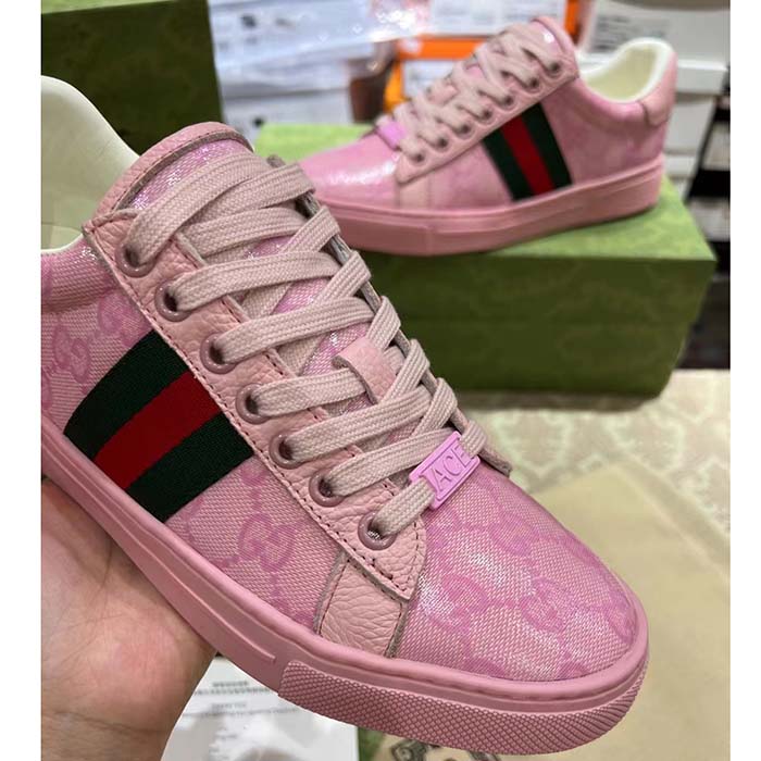 Gucci Unisex Ace Sneaker Web Pink GG Crystal Canvas Low Heel