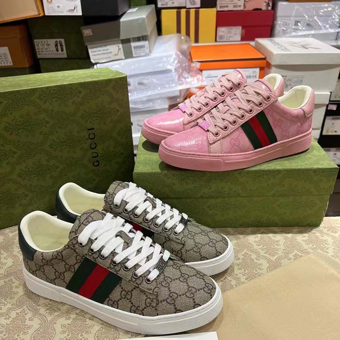 Gucci Unisex Ace Sneaker Web Pink GG Crystal Canvas Low Heel