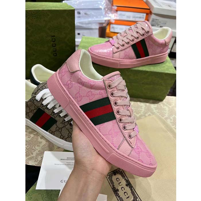 Gucci Unisex Ace Sneaker Web Pink GG Crystal Canvas Low Heel