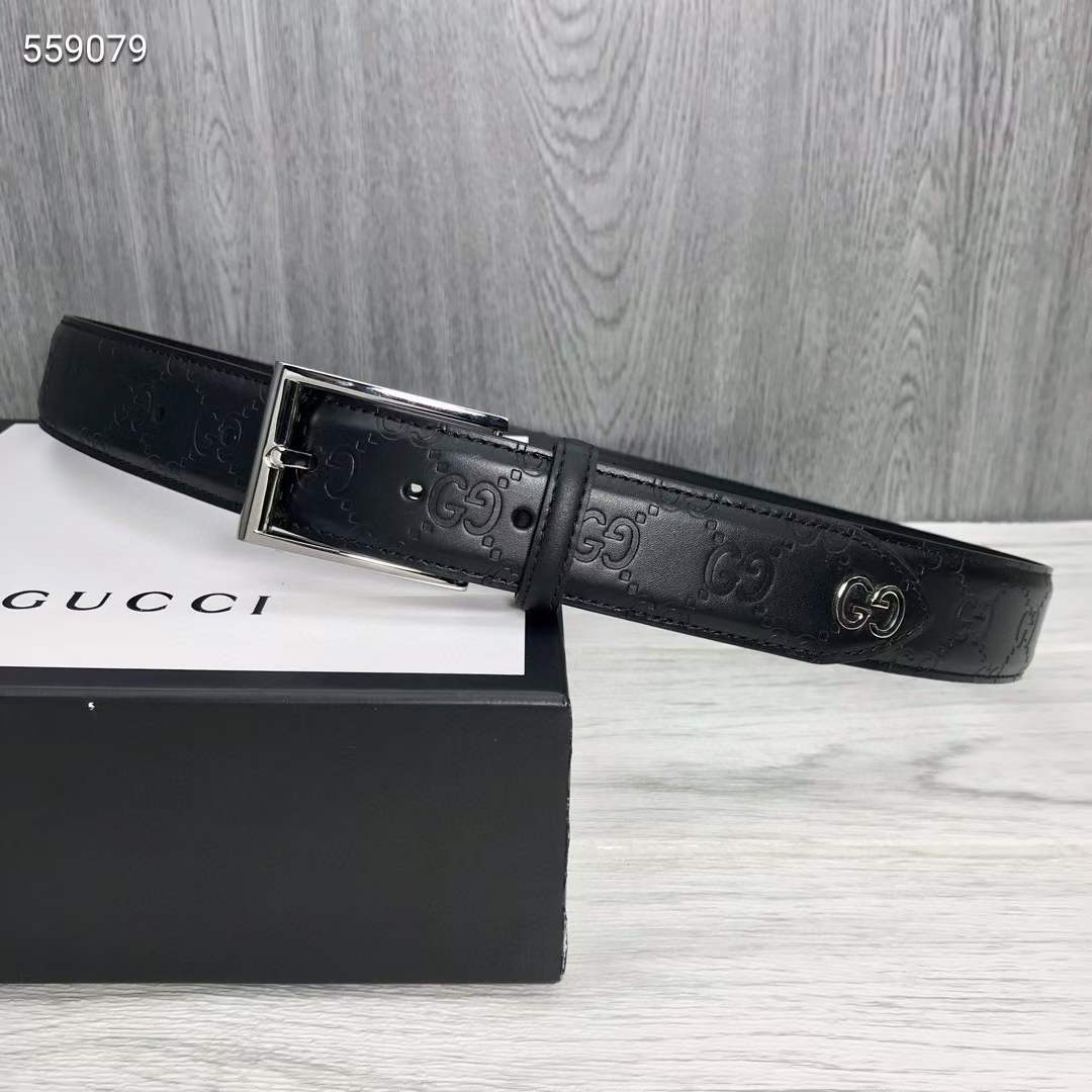 Gucci Unisex Black Signature Belt GG Detail Square Buckle 3.8 CM Width
