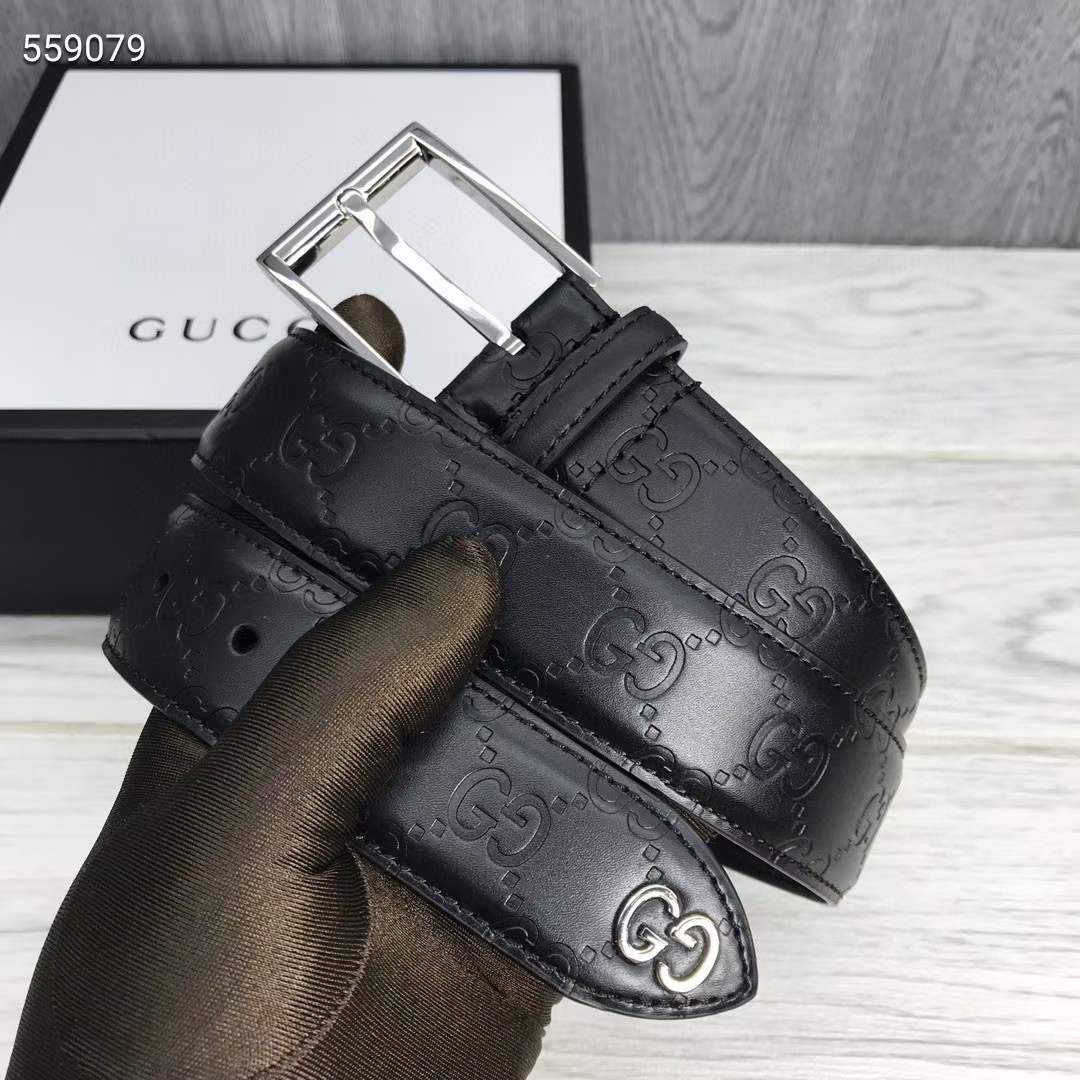 Gucci Unisex Black Signature Belt GG Detail Square Buckle 3.8 CM Width