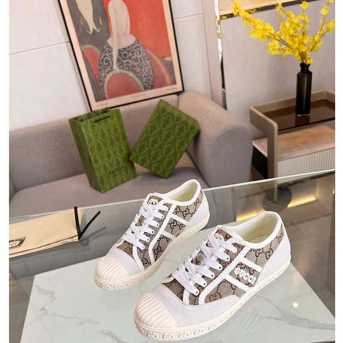 Gucci Unisex GG Canvas Sneaker Beige Rubber Sole Lace Up Flat