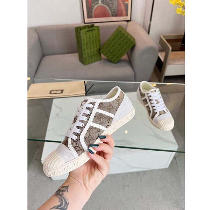 Gucci Unisex GG Canvas Sneaker Beige Rubber Sole Lace Up Flat