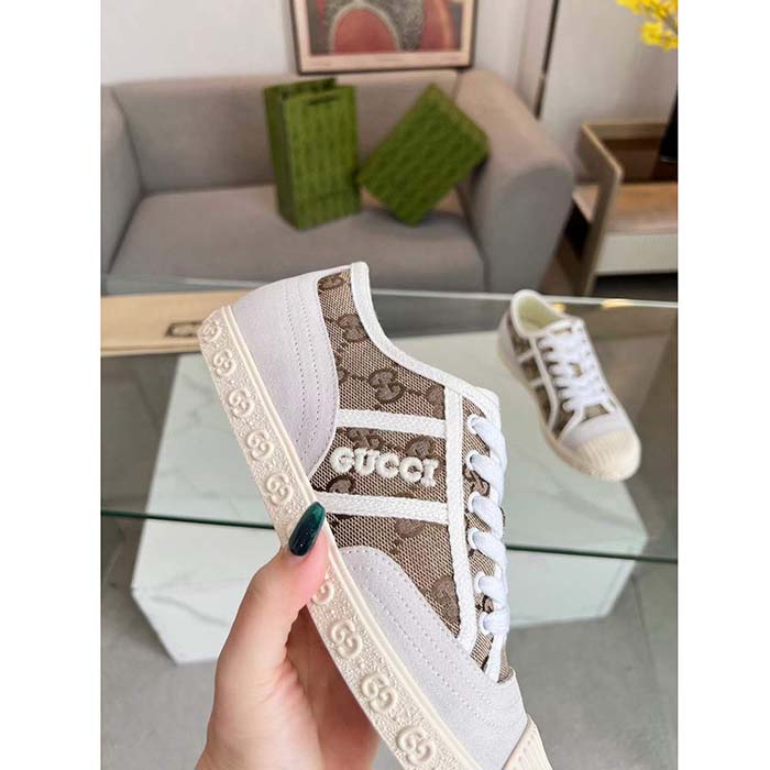 Gucci Unisex GG Canvas Sneaker Beige Rubber Sole Lace Up Flat