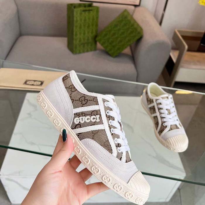Gucci Unisex GG Canvas Sneaker Beige Rubber Sole Lace Up Flat