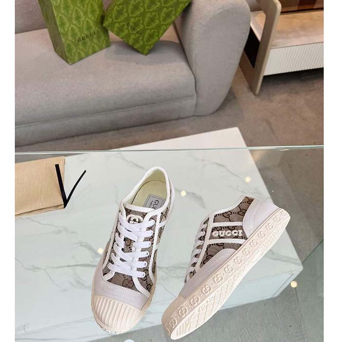 Gucci Unisex GG Canvas Sneaker Beige Rubber Sole Lace Up Flat