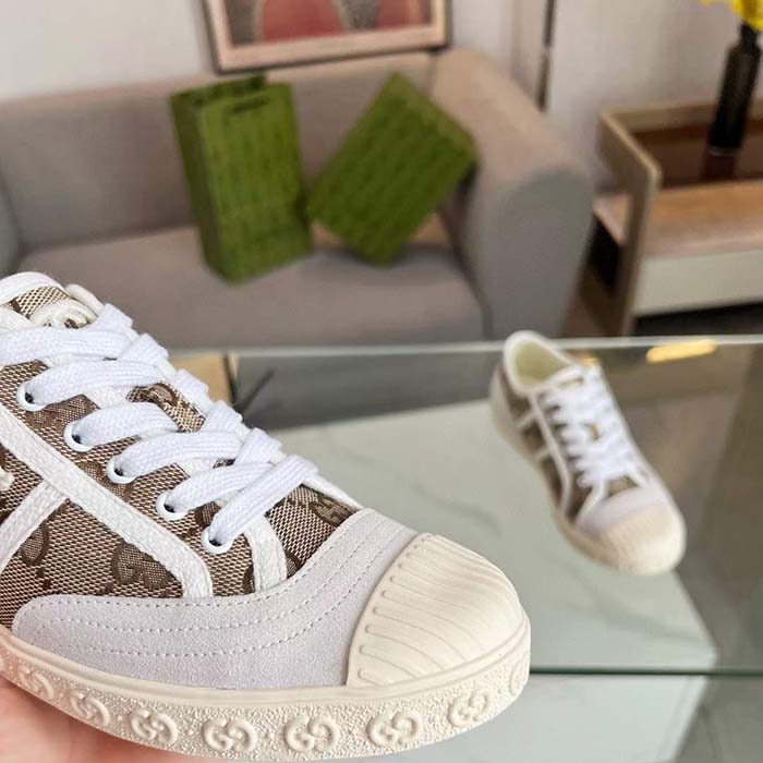 Gucci Unisex GG Canvas Sneaker Beige Rubber Sole Lace Up Flat