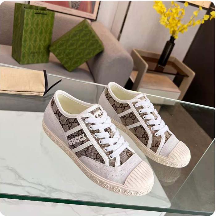Gucci Unisex GG Canvas Sneaker Beige Rubber Sole Lace Up Flat