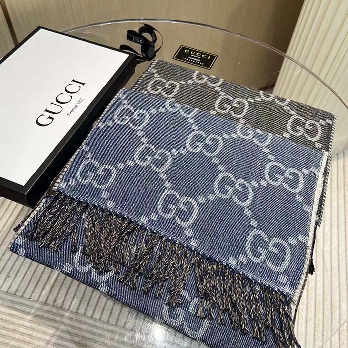 Gucci Unisex GG Jacquard Knit Scarf Tassels Navy Brown Wool