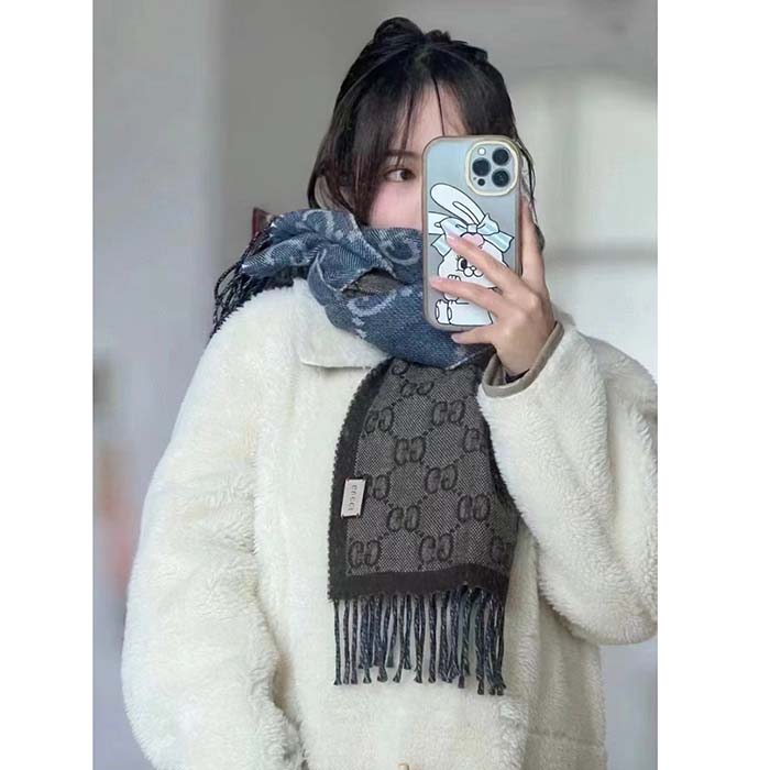 Gucci Unisex GG Jacquard Knit Scarf Tassels Navy Brown Wool