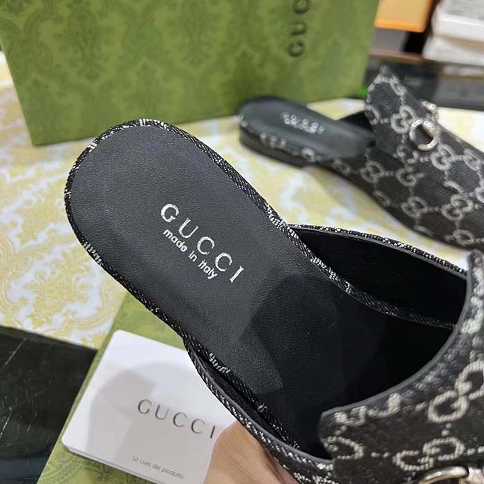 Gucci Unisex GG Princetown Slipper Black Denim Horsebit Leather Flat