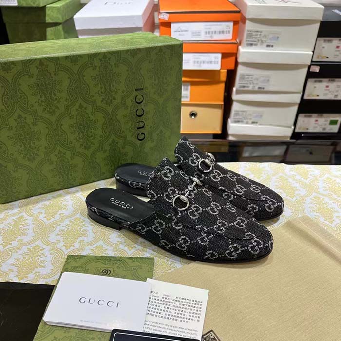 Gucci Unisex GG Princetown Slipper Black Denim Horsebit Leather Flat