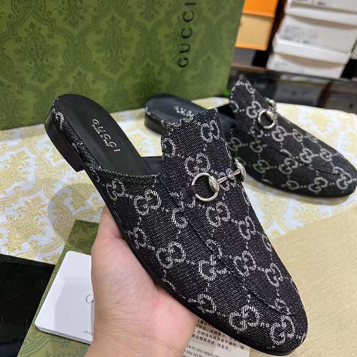Gucci Unisex GG Princetown Slipper Black Denim Horsebit Leather Flat