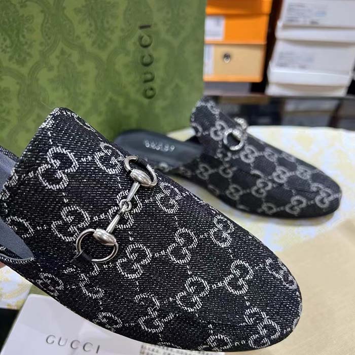 Gucci Unisex GG Princetown Slipper Black Denim Horsebit Leather Flat