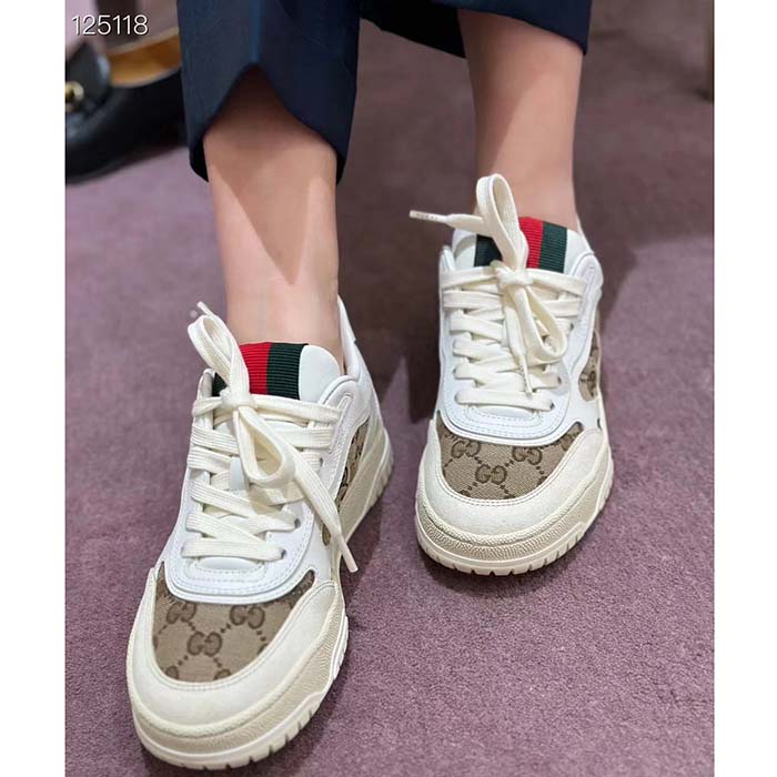 Gucci Unisex GG Re-Web Sneaker Script Beige Interlocking G Low Heel