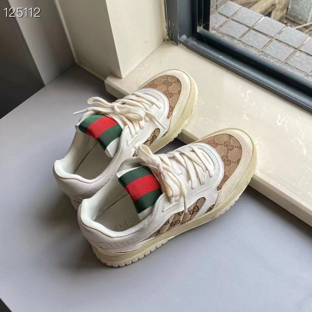Gucci Unisex GG Re-Web Sneaker Script Beige Interlocking G Low Heel