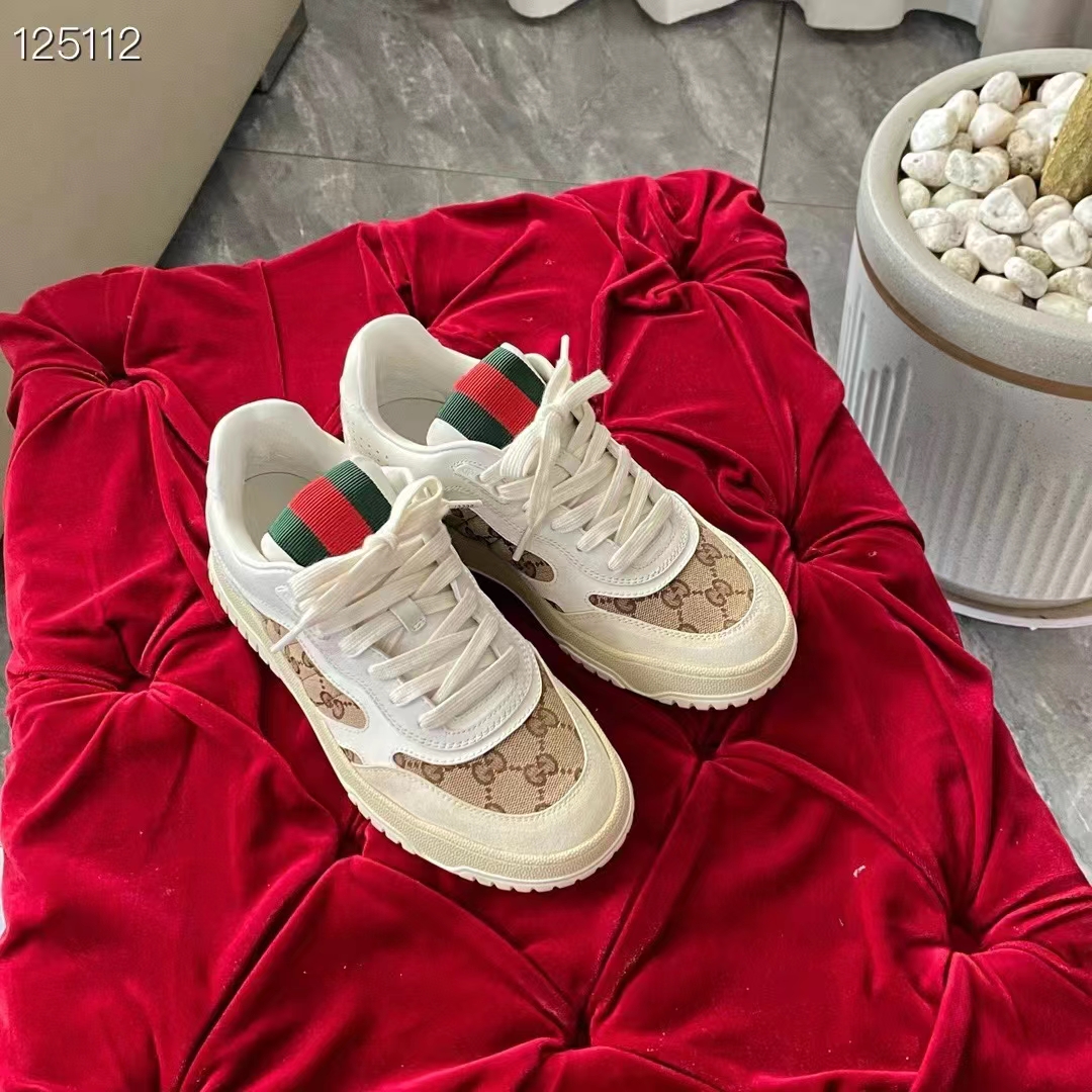 Gucci Unisex GG Re-Web Sneaker Script Beige Interlocking G Low Heel
