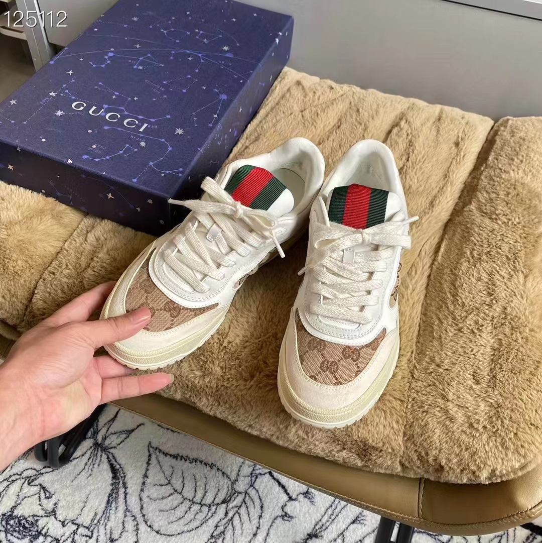 Gucci Unisex GG Re-Web Sneaker Script Beige Interlocking G Low Heel