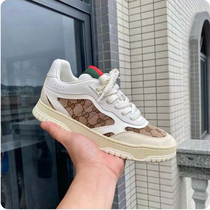 Gucci Unisex GG Re-Web Sneaker Script Beige Interlocking G Low Heel