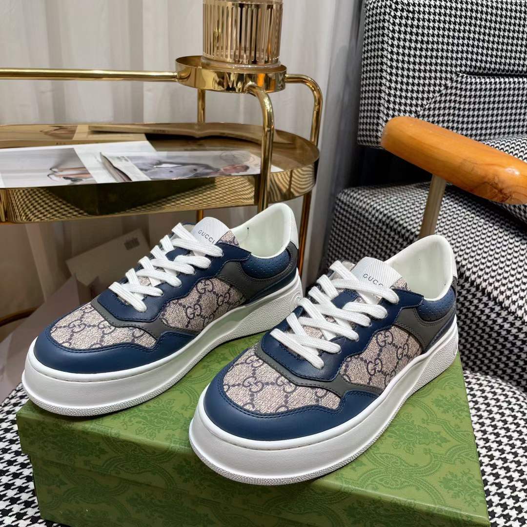 Gucci Unisex GG Sneaker Beige Blue GG Supreme Canvas Mid-Heel
