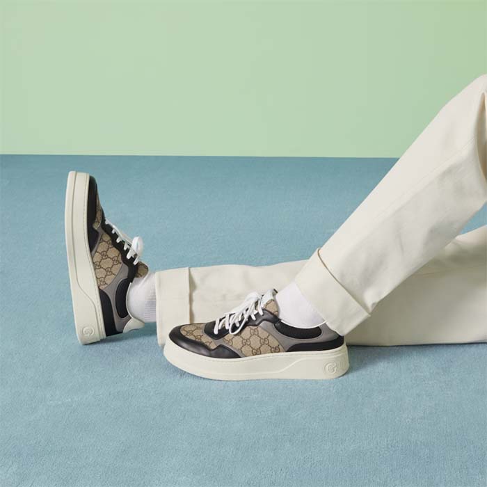 Gucci Unisex GG Sneaker Beige Ebony GG Supreme Canvas Mid-Heel
