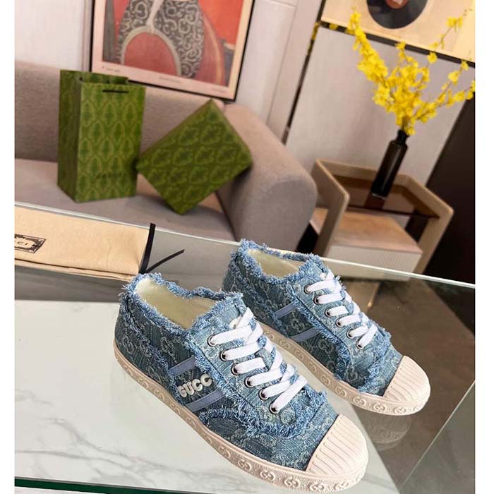 Gucci Unisex GG Sneaker Blue Denim Rubber Sole Lace Up Flat