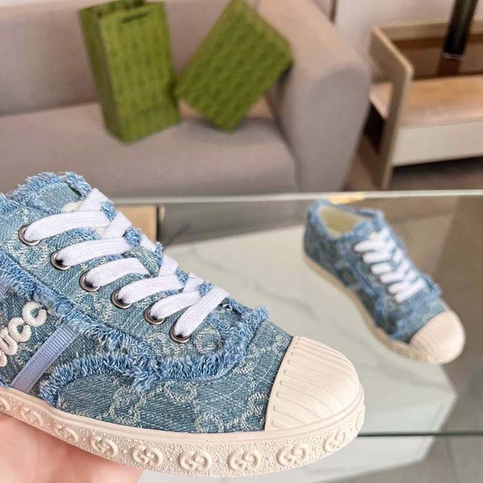 Gucci Unisex GG Sneaker Blue Denim Rubber Sole Lace Up Flat