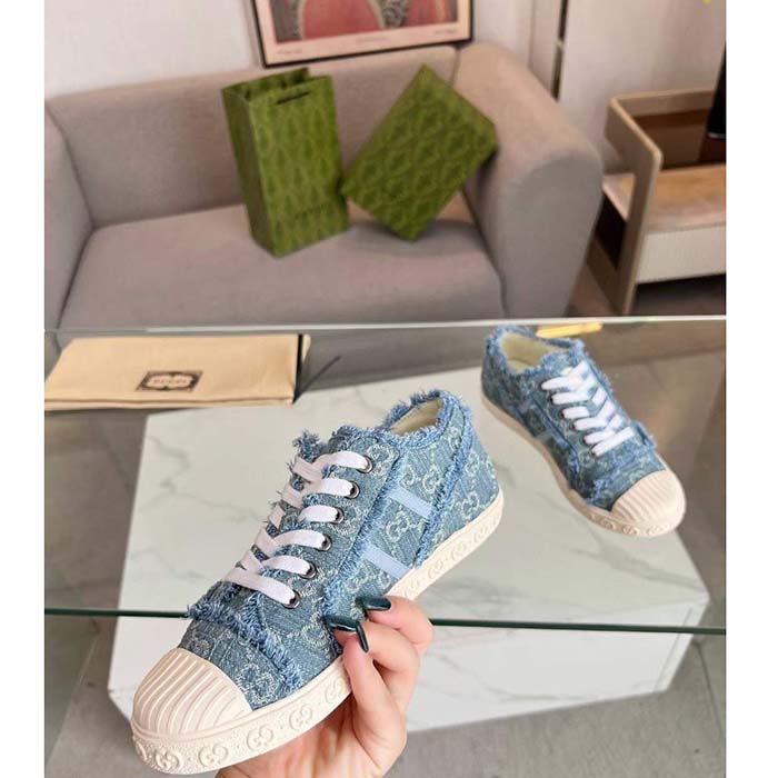 Gucci Unisex GG Sneaker Blue Denim Rubber Sole Lace Up Flat