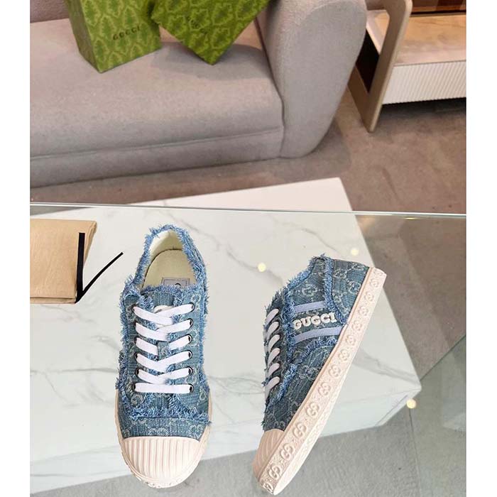 Gucci Unisex GG Sneaker Blue Denim Rubber Sole Lace Up Flat