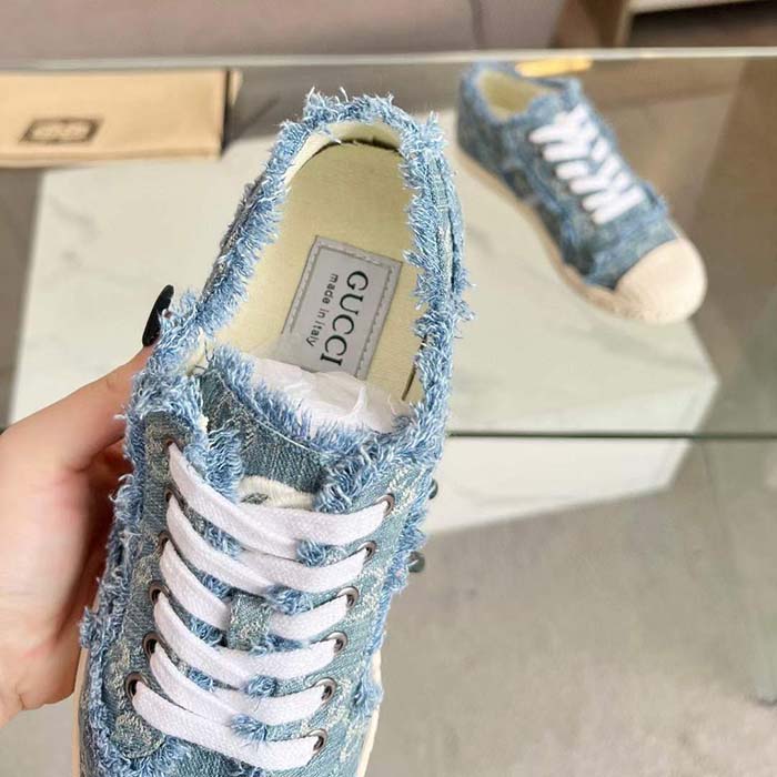 Gucci Unisex GG Sneaker Blue Denim Rubber Sole Lace Up Flat