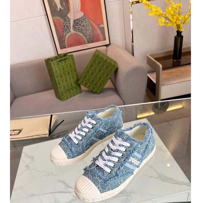 Gucci Unisex GG Sneaker Blue Denim Rubber Sole Lace Up Flat