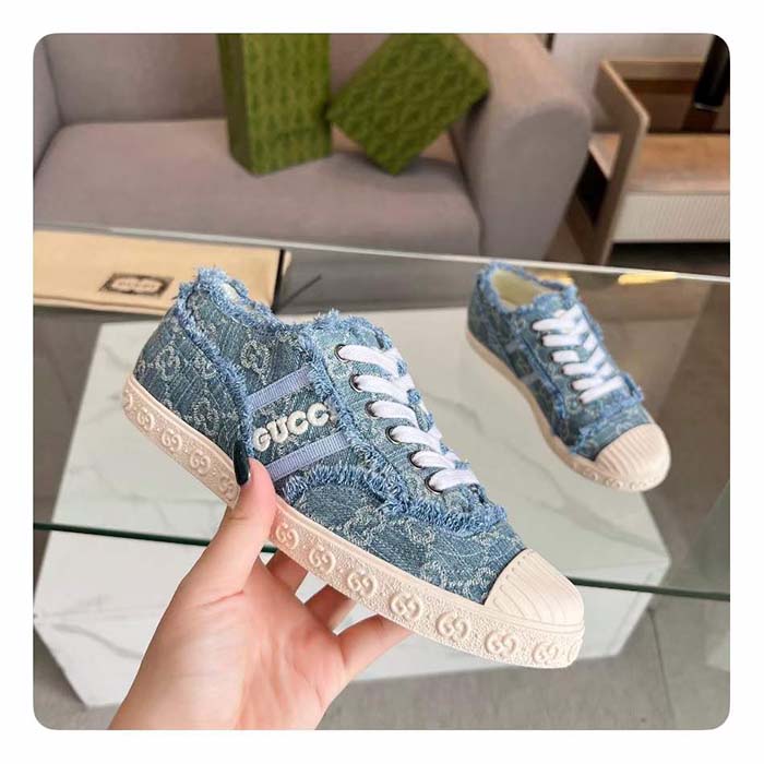 Gucci Unisex GG Sneaker Blue Denim Rubber Sole Lace Up Flat