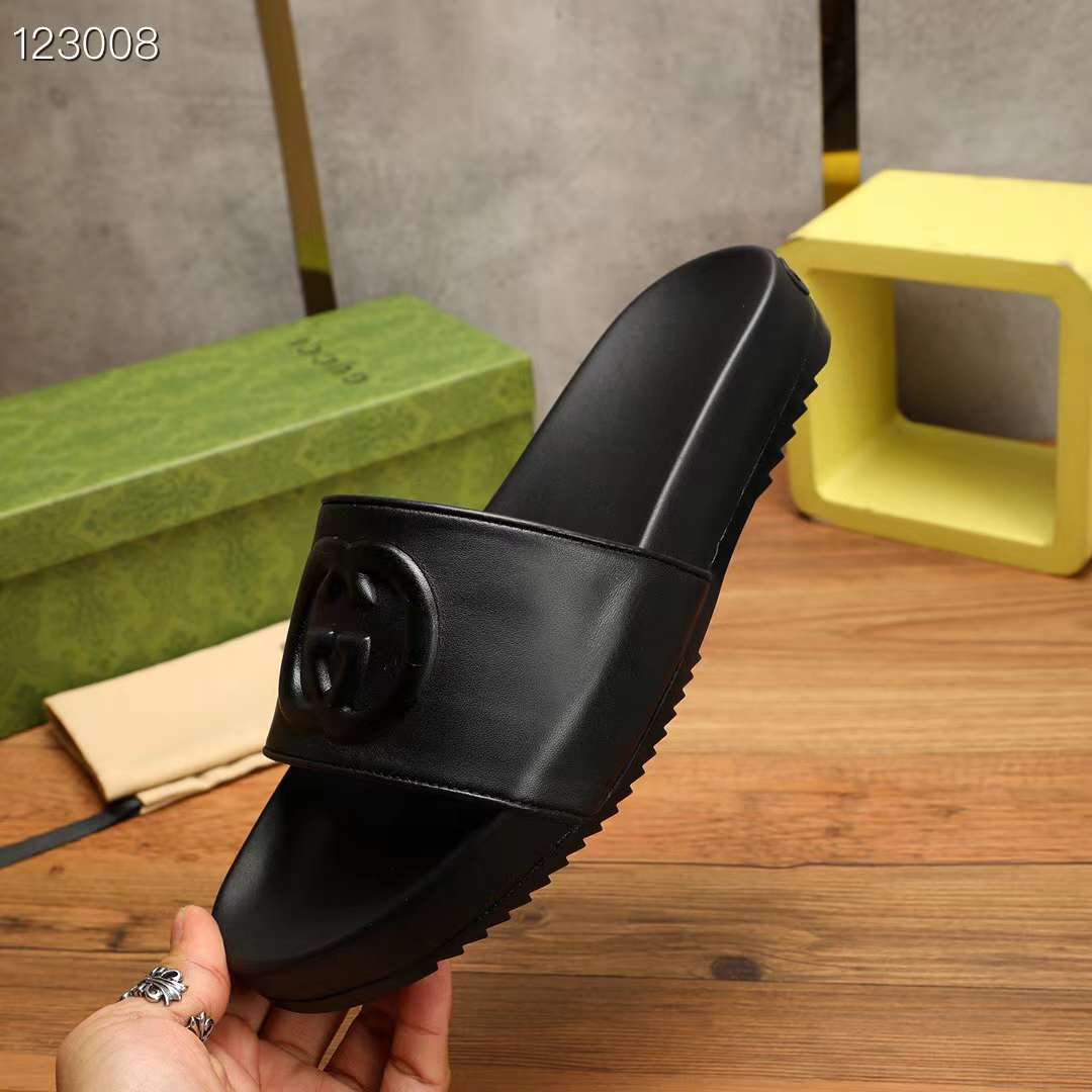 Gucci Unisex Slide Sandal Interlocking G Black Leather Flat