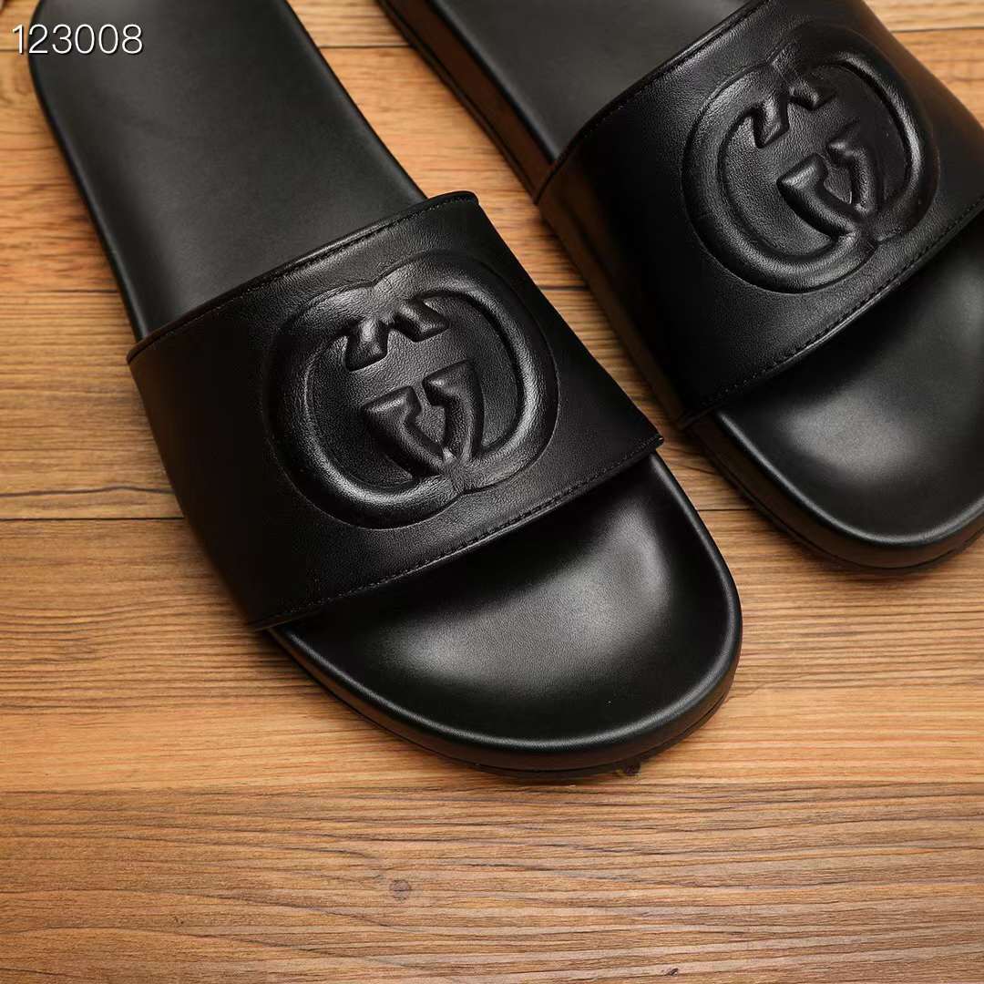 Gucci Unisex Slide Sandal Interlocking G Black Leather Flat