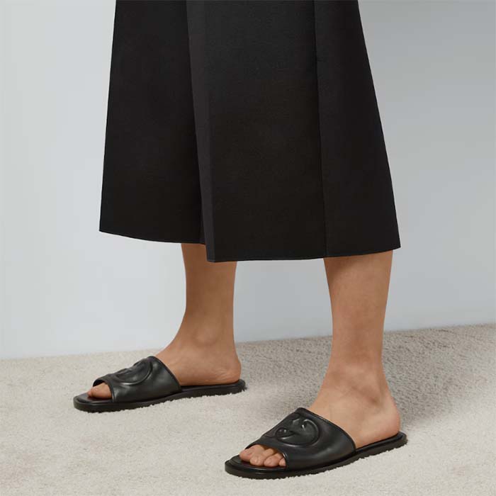 Gucci Unisex Slide Sandal Interlocking G Black Leather Flat