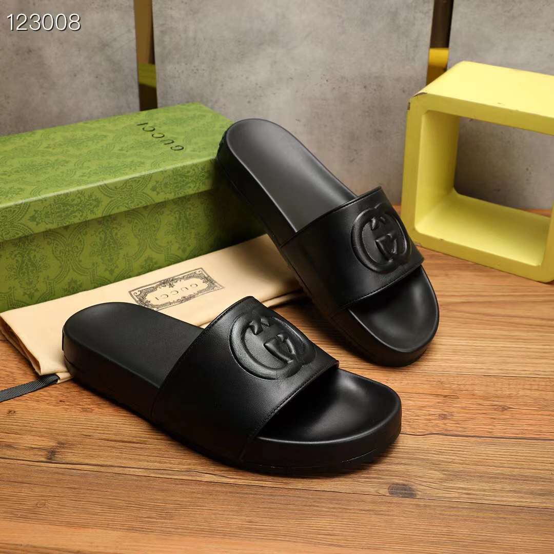 Gucci Unisex Slide Sandal Interlocking G Black Leather Flat