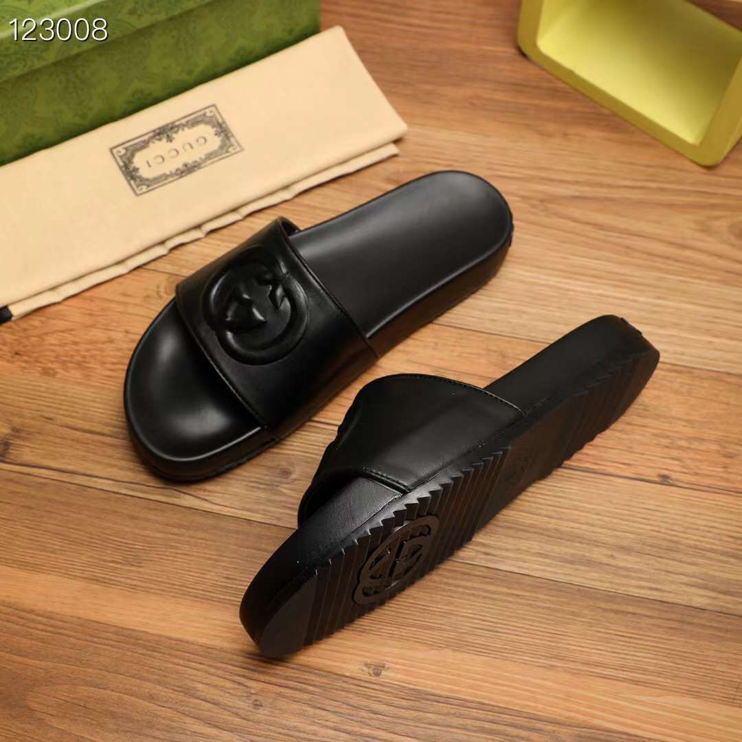 Gucci Unisex Slide Sandal Interlocking G Black Leather Flat