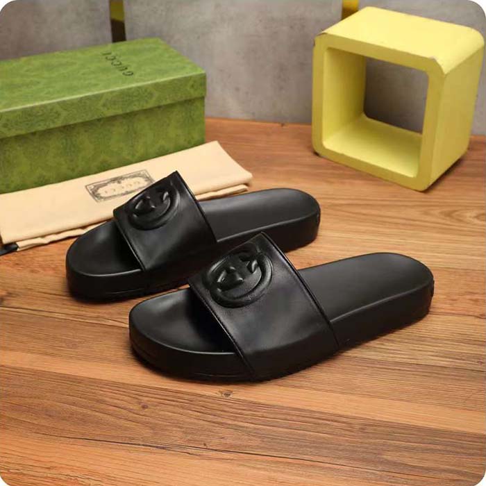 Gucci Unisex Slide Sandal Interlocking G Black Leather Flat