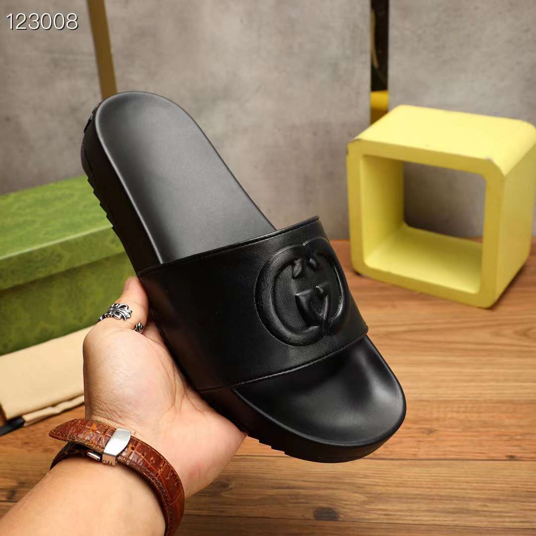 Gucci Unisex Slide Sandal Interlocking G Black Leather Flat