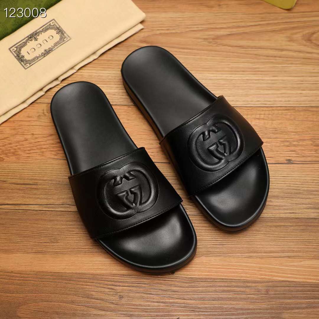 Gucci Unisex Slide Sandal Interlocking G Black Leather Flat
