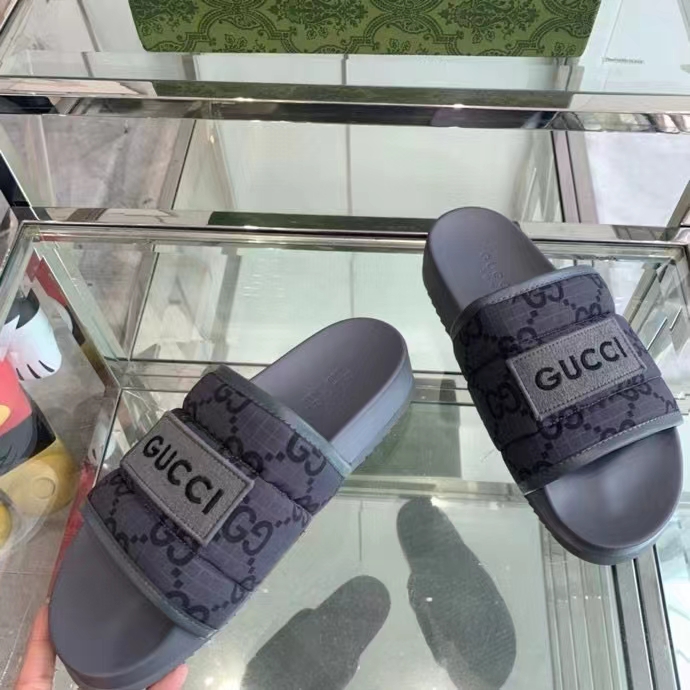 Gucci Unsiex GG Slide Sandal Black Ripstop Recycled Rubber Flat