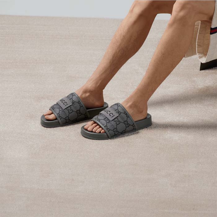 Gucci Unsiex GG Slide Sandal Black Ripstop Recycled Rubber Flat