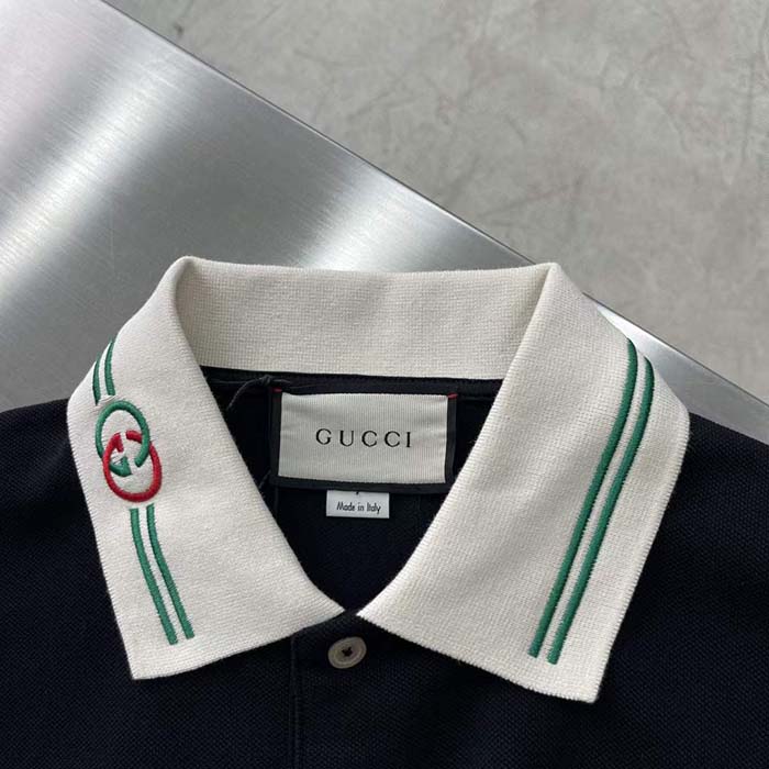 Gucci Men Cotton Piquet Polo Interlocking G Black Side Vents Short Sleeves